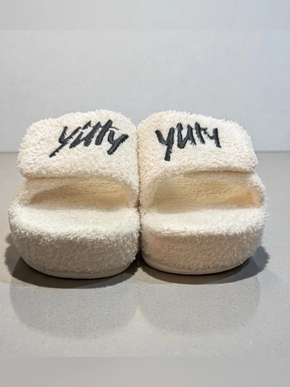 YITTY Cream Terry-Textured Platform Slide Sandals with Black Logo